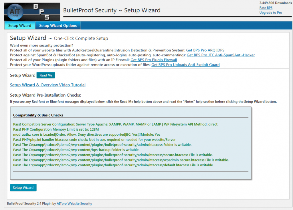 One-click complete setup of BulletProof Security