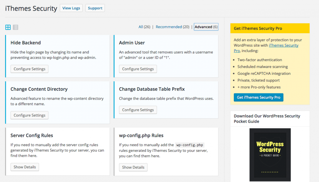 The dashboard of iThemes Security plugin