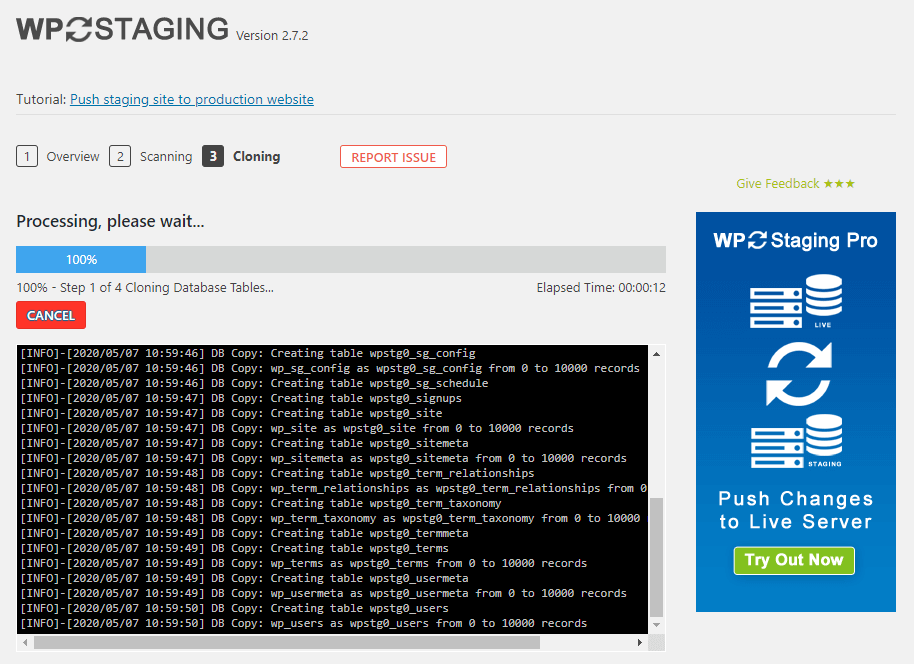 The WP Staging plugin