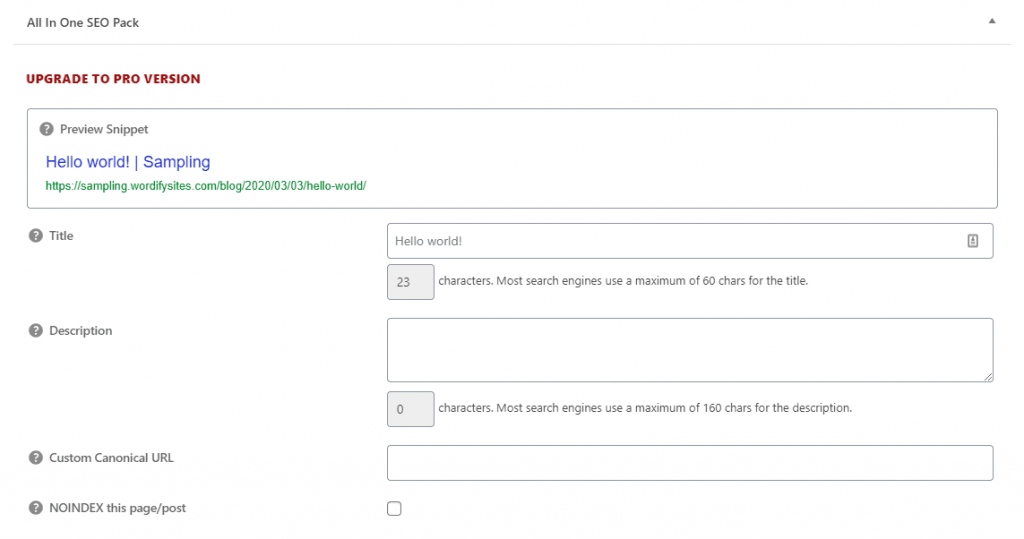 All in One SEO Pack snippet editor