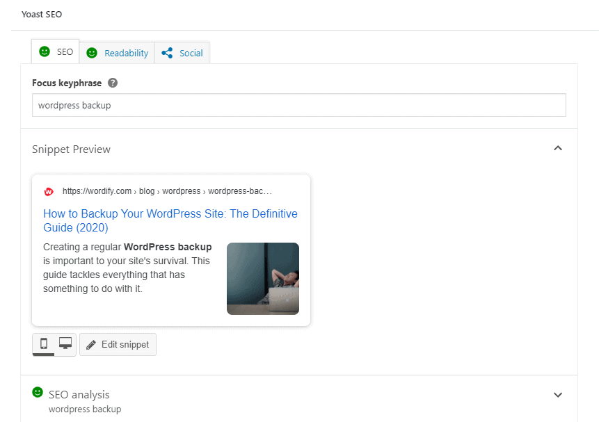 Snippet preview on a Wordify article using Yoast SEO