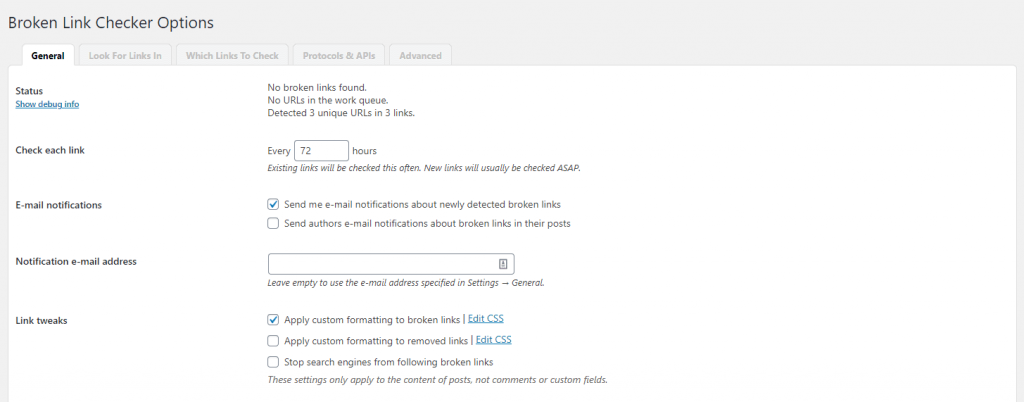 Broken Link Checker Options - General