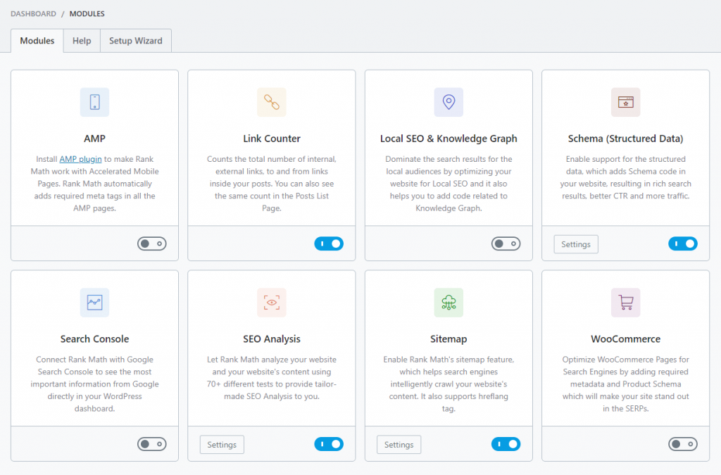 Rank Math dashboard modules