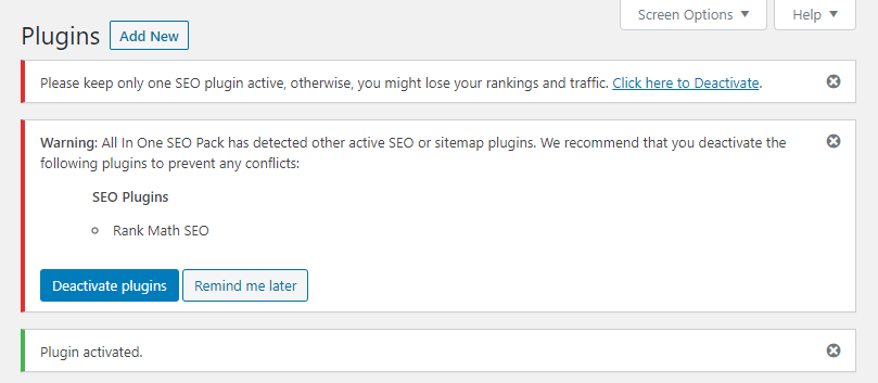 Notification about conflicting SEO WordPress plugins