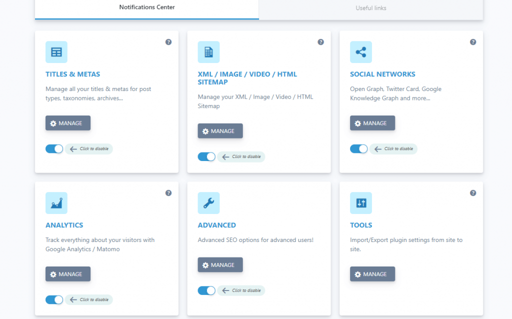 SEOPress dashboard - Notifications Center