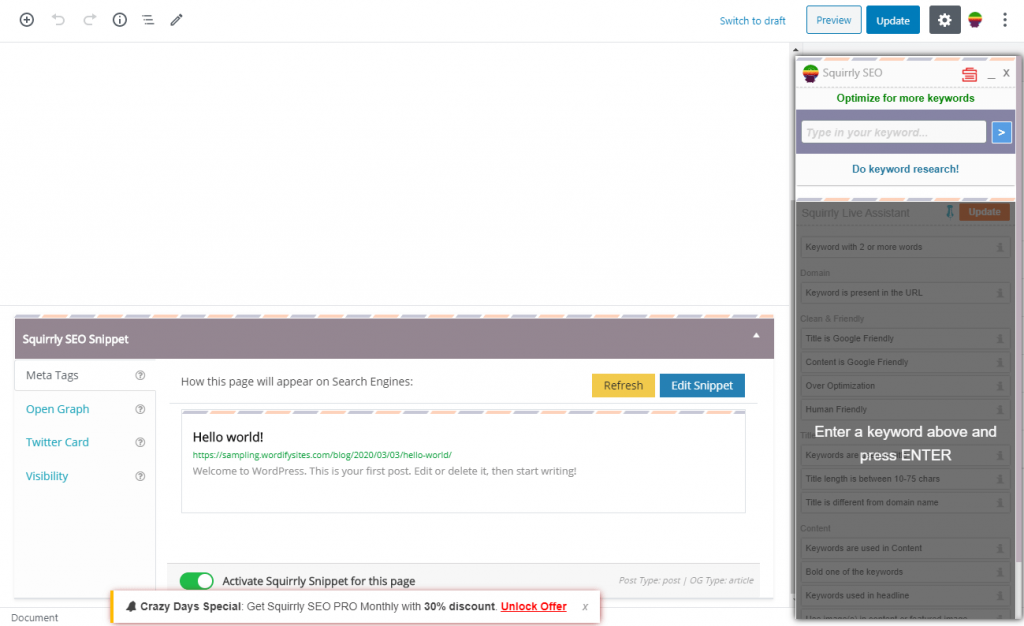 Squirrly SEO Snippet editor