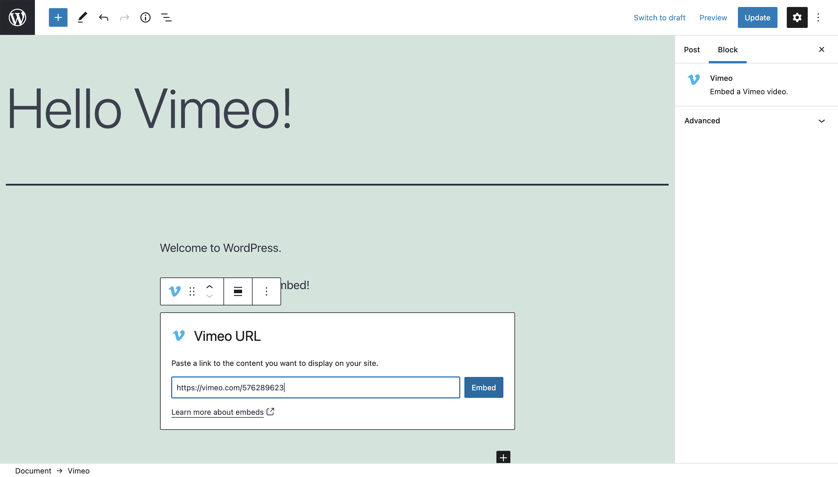 Add Vimeo URL to Vimeo Block