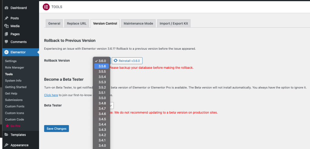 Elementor Version Control