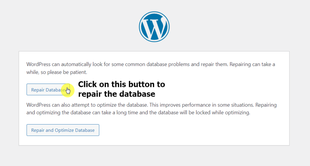 Click on the repair database to start the process