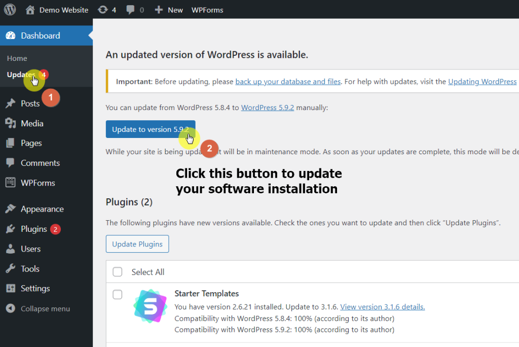 Click on the update to version 5.9.2 to proceed