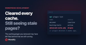 Terminal showing an orphaned advanced-cache.php drop-in left behind by a deleted caching plugin
