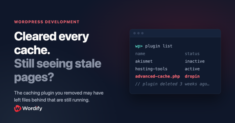 Terminal showing an orphaned advanced-cache.php drop-in left behind by a deleted caching plugin