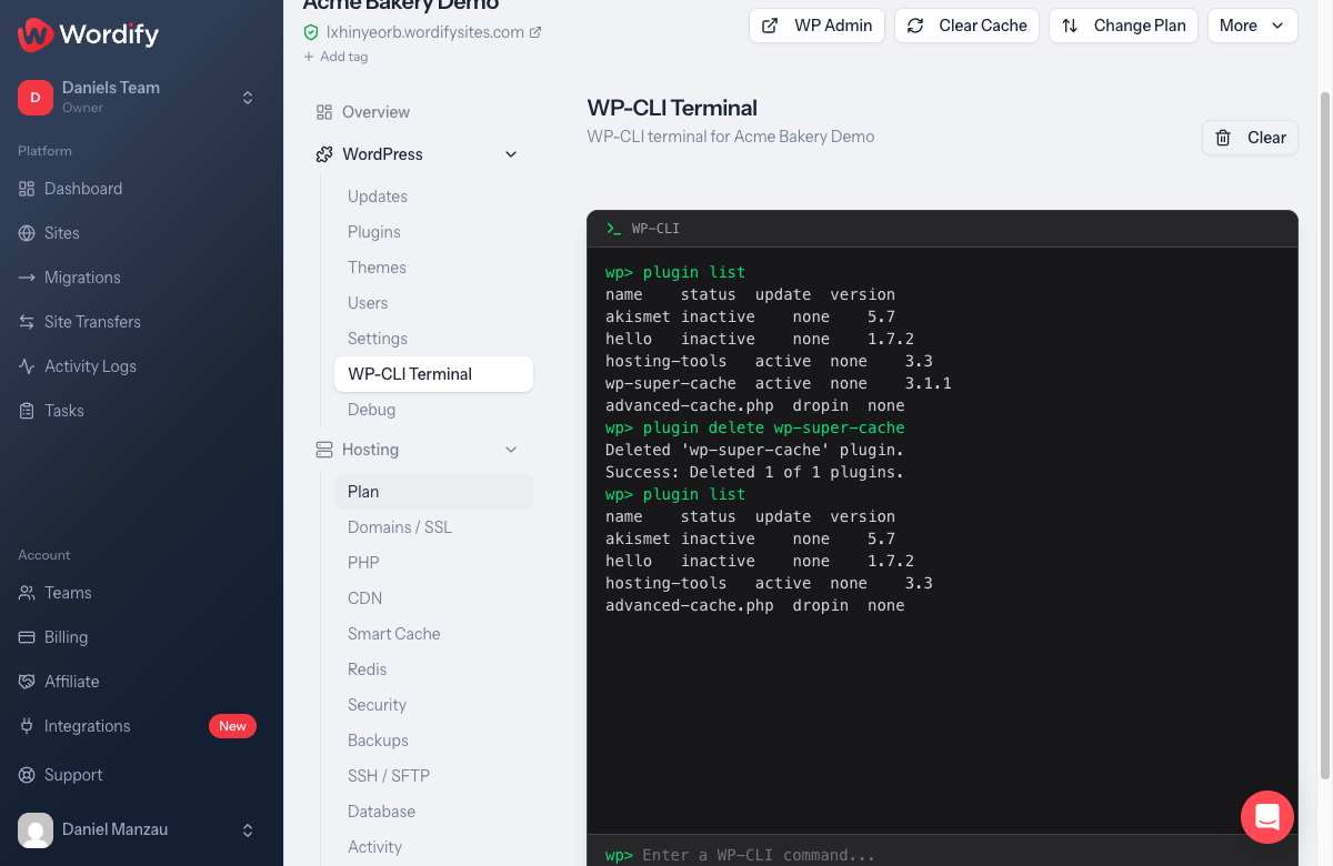 WP-CLI terminal: wp plugin delete wp-super-cache succeeds, and the next plugin list still shows advanced-cache.php as a drop-in