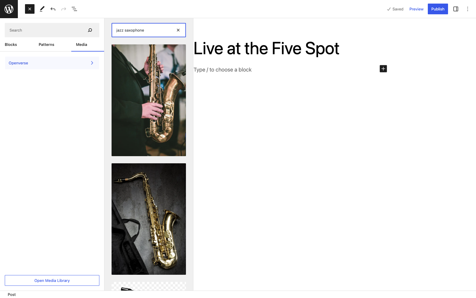 Openverse image search built into the WordPress 6.2 block inserter.