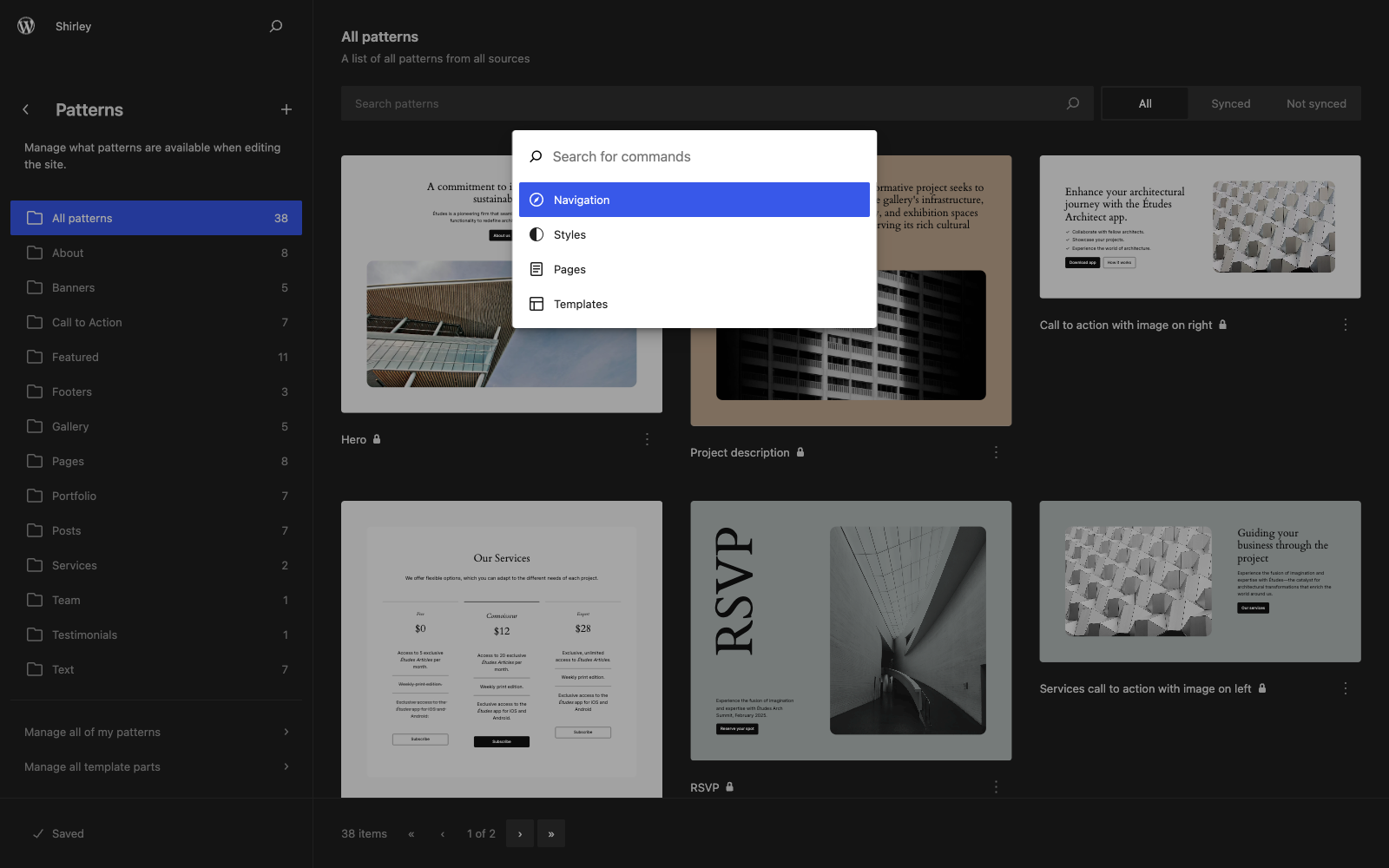 The refreshed Command Palette in WordPress 6.4 showing quick actions.
