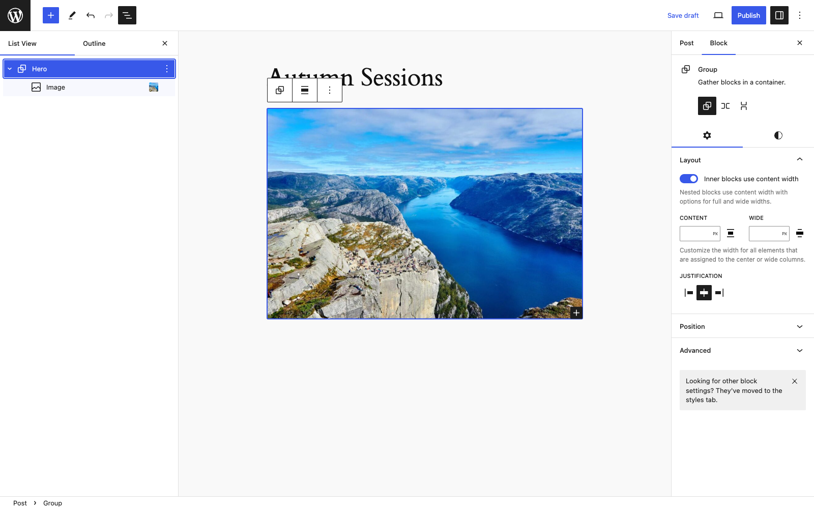 List View in WordPress 6.4 showing image thumbnails and a renamed Group block.