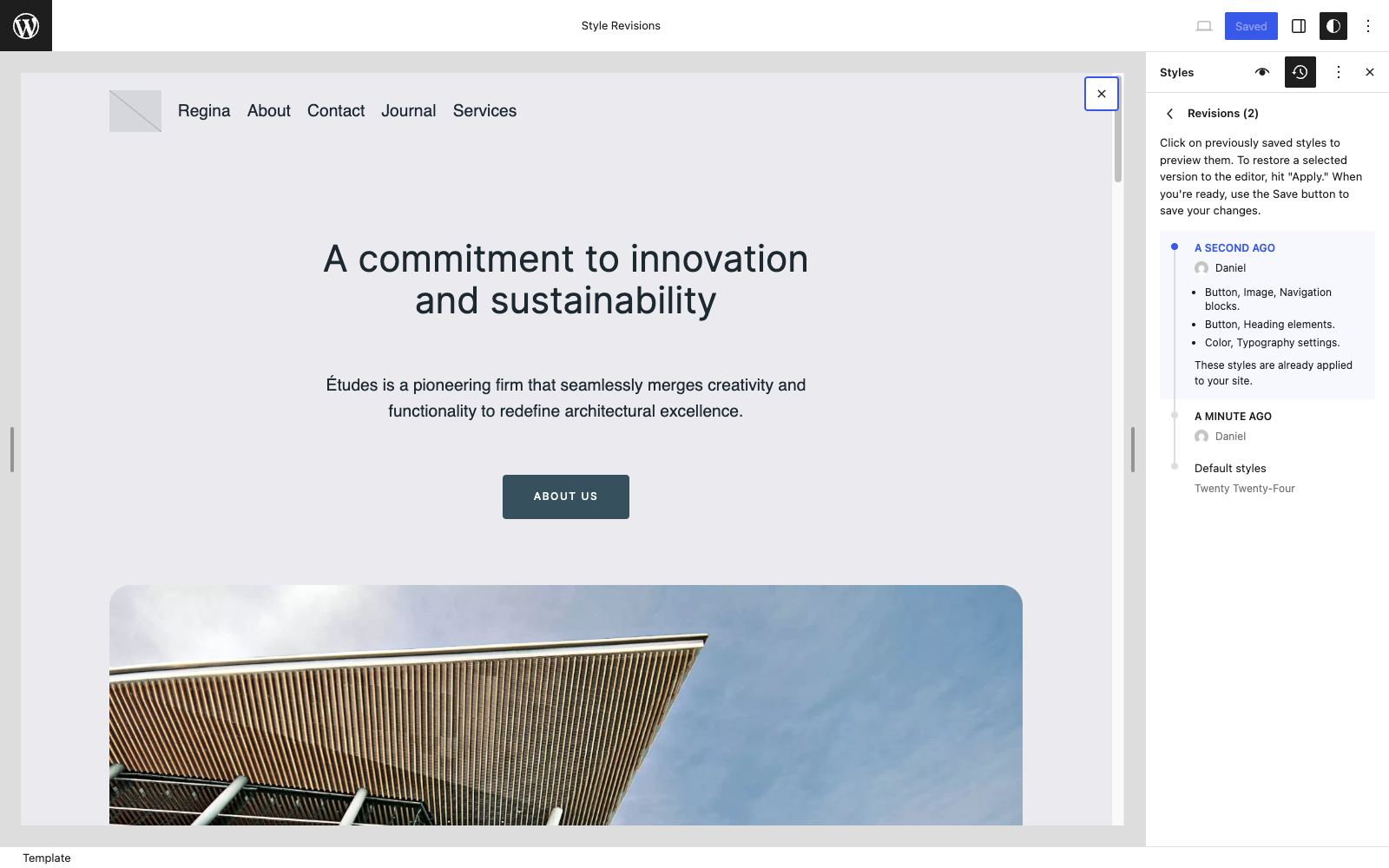 Style revisions with timestamps and summaries in the WordPress 6.5 Site Editor.