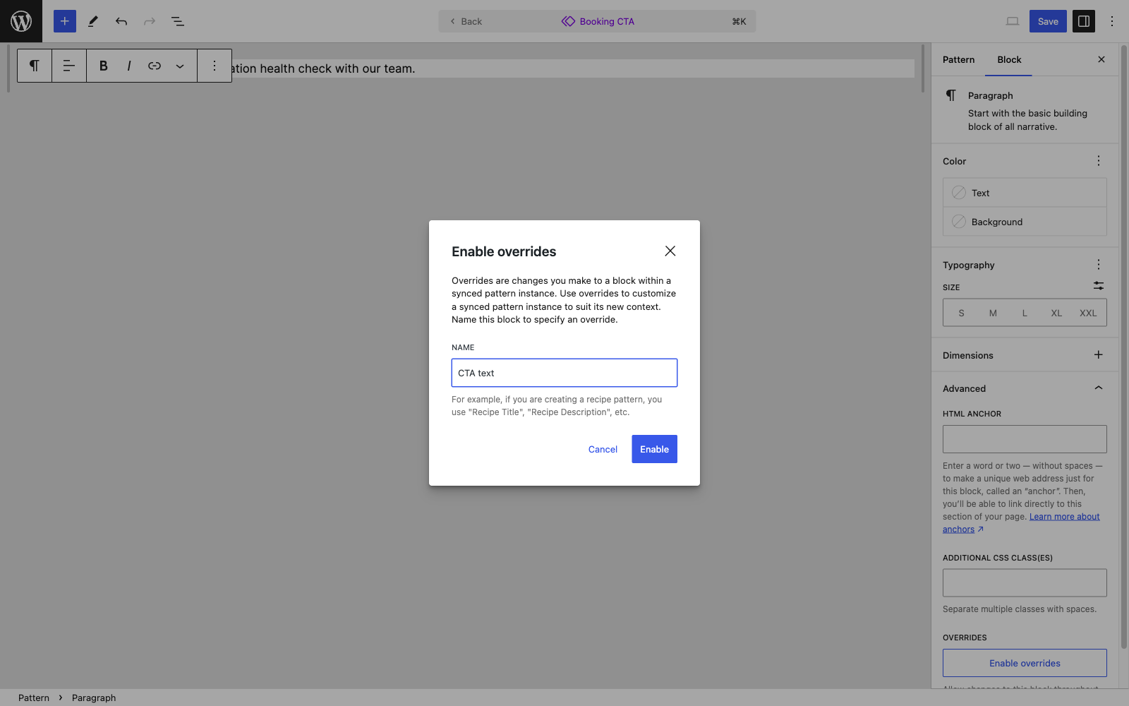 Enabling overrides on a synced pattern block in WordPress 6.6.