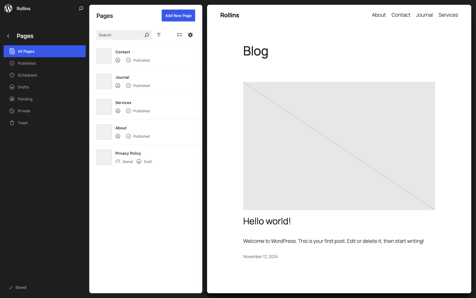 The Pages data view in the WordPress 6.7 Site Editor with status filters and a live preview.