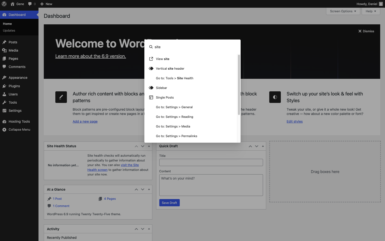 The Command Palette open on a WordPress 6.9 dashboard screen outside the editor.