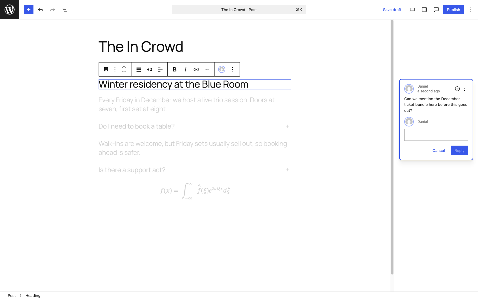 A block-level note with a reply thread in the WordPress 6.9 editor.