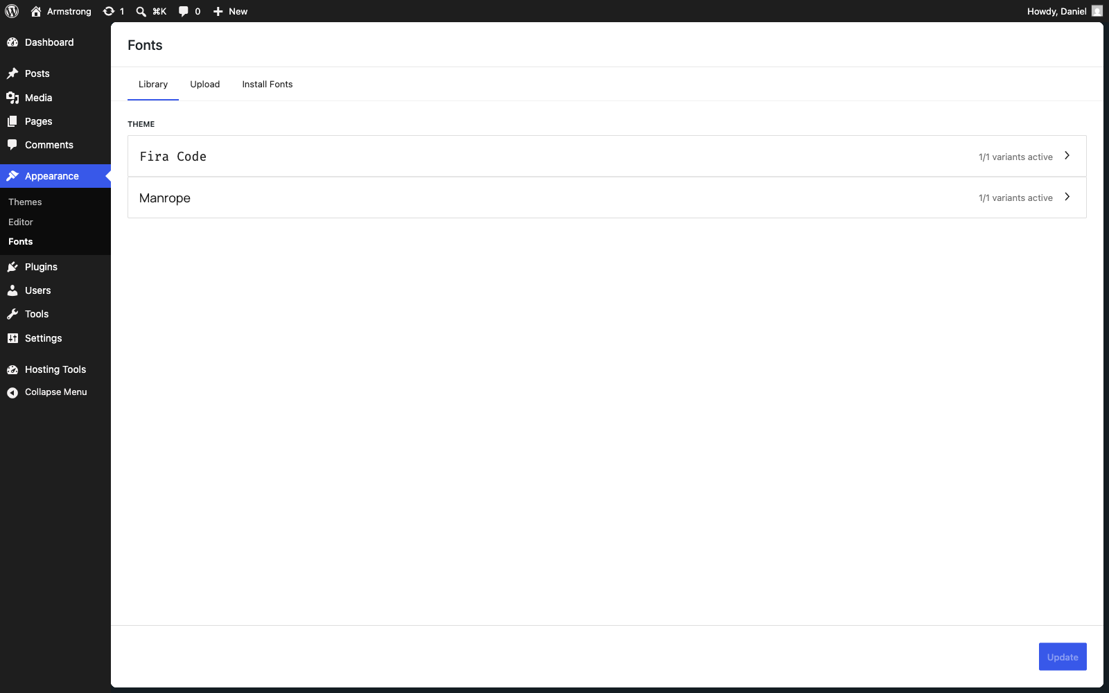 The dedicated font management page in WordPress 7.0.