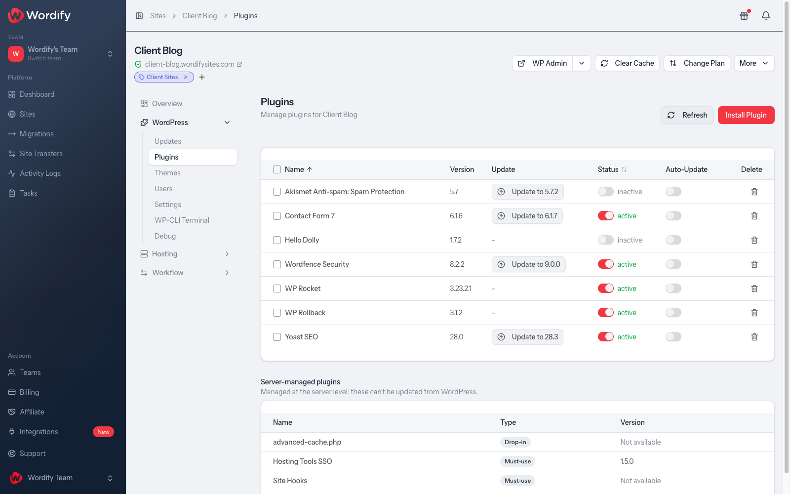 The Plugins page in the Wordify Console with WP Rocket active while the site is down