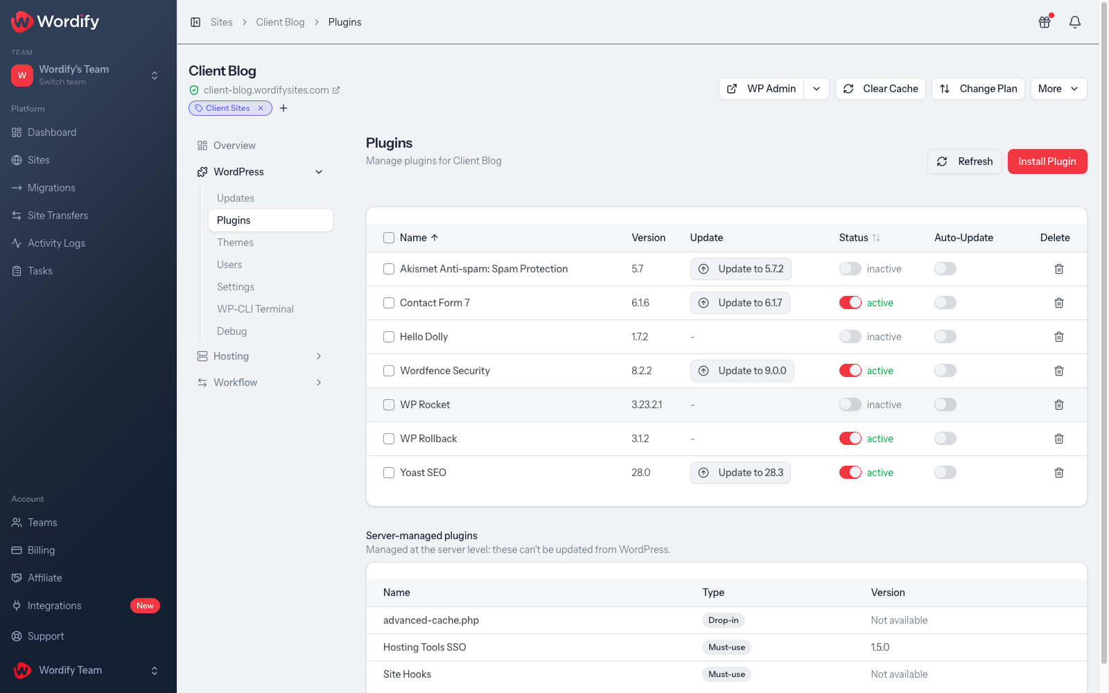 The same Plugins page with WP Rocket toggled to inactive