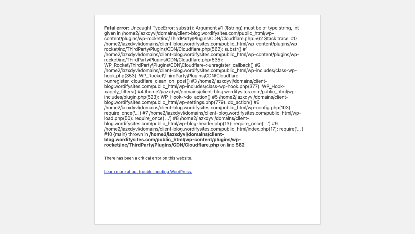 The fatal error and full stack trace rendered in the browser on our test site