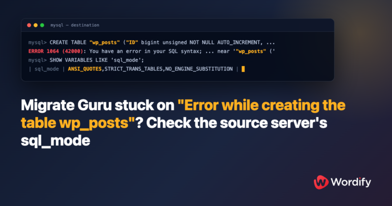 Terminal showing a CREATE TABLE statement with double-quoted table names rejected by MySQL with error 1064, and sql_mode containing ANSI_QUOTES